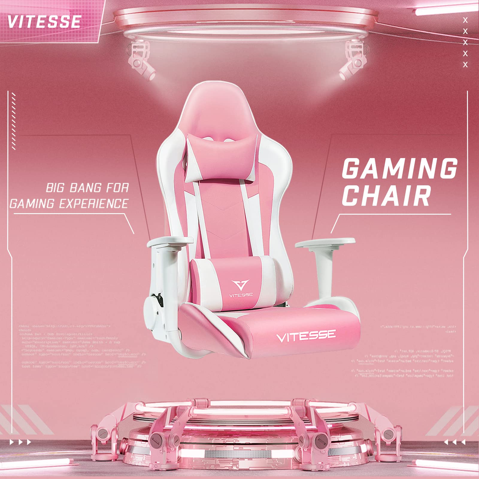 Pink Gaming Chair with Lumbar Support and Headrest