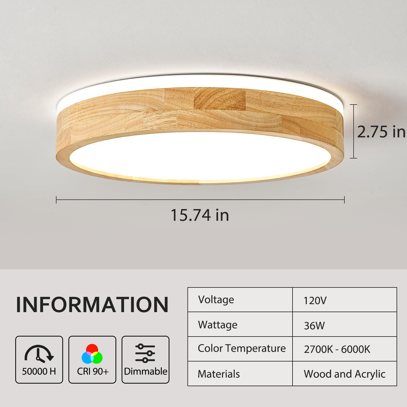 Modern Dimmable Wood Flush Mount Ceiling Light - 15.74in Round LED