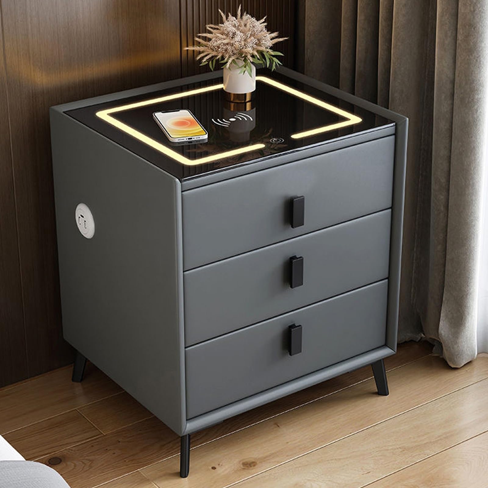 Nightstand with 3 Drawers, Side Tables Bedroom, Nightstand with Charging Station, Smart