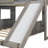 House Bunk Beds with Slide, Wood Twin Over Full Bunk Beds with Roof and Guard Rail