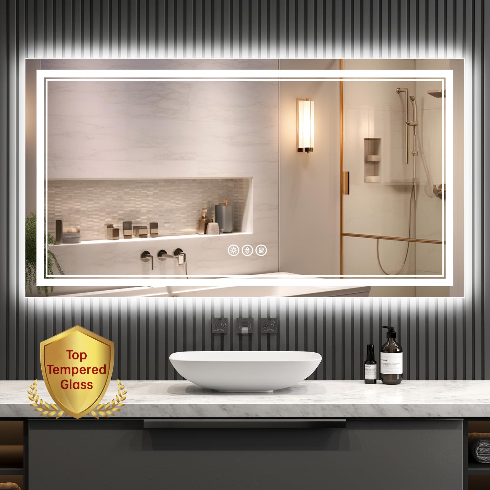 Bathroom Mirror for Wall, Tempered Glass Smart Led Bathroom Mirror