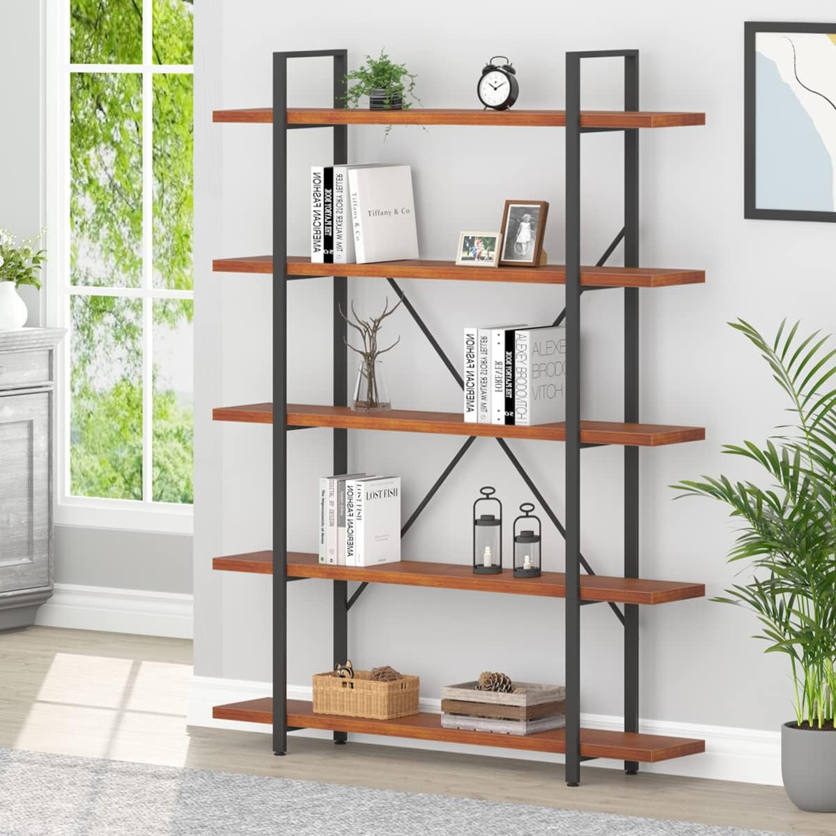 HSH Solid Wood 5 Shelf Bookshelf, Industrial Real Natural Wood Tall Etagere Bookcase, Modern Large Open Wide Big Metal Book Shelf with 5 tier Storage for Bedroom Living Room Home Office, Rustic Brown