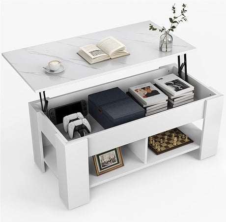 Lift Top 39in Hidden Compartment and Storage Shelf, Solid Wood Coffee Table