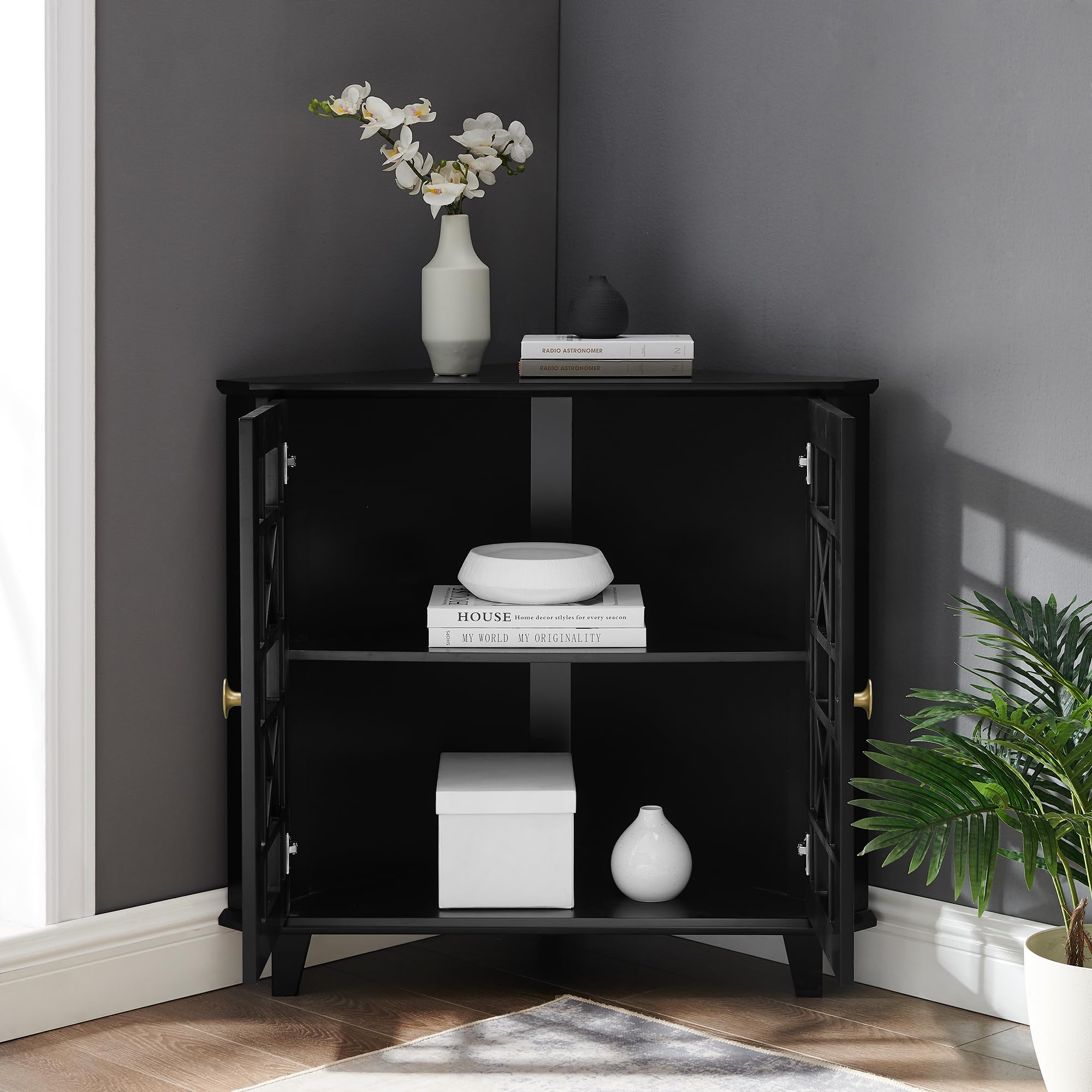 Ronne 2 Door Corner Accent Table with Fretwork Detail, 32 Inch, Black