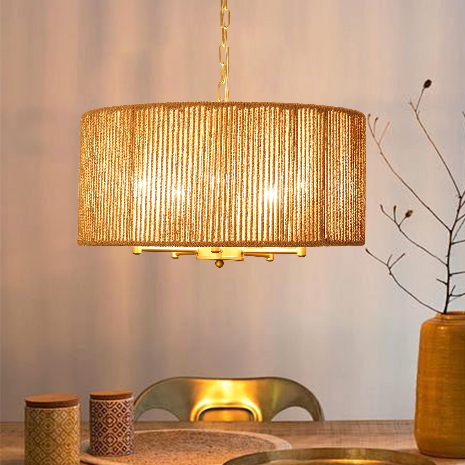 5-Lights Boho Rattan Chandelier for Dining Room19 Inch Large Gold Drum Chandeliers