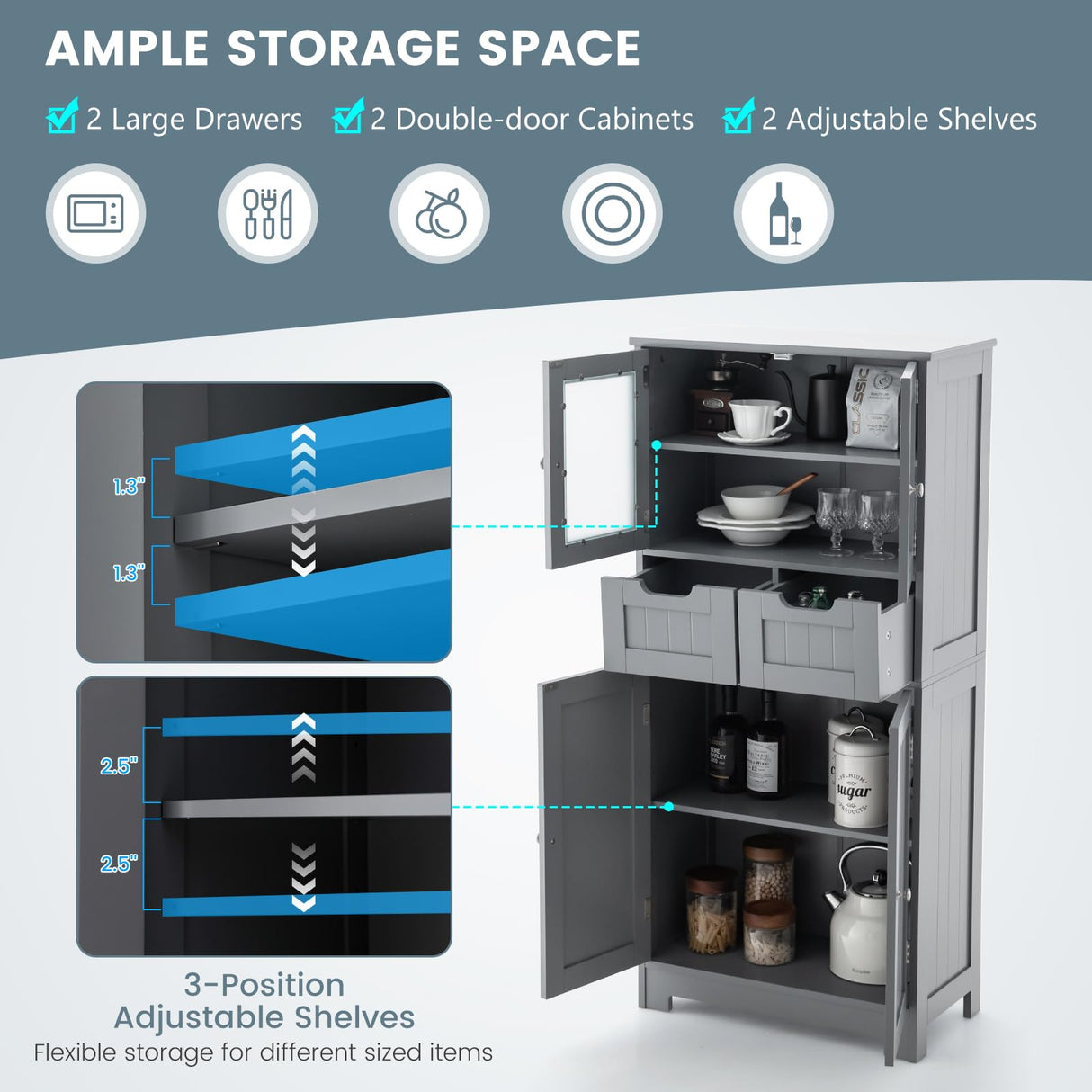 Bathroom Storage Cabinet, Freestanding Bathroom Organizer with Glass Doors, 2 Drawers