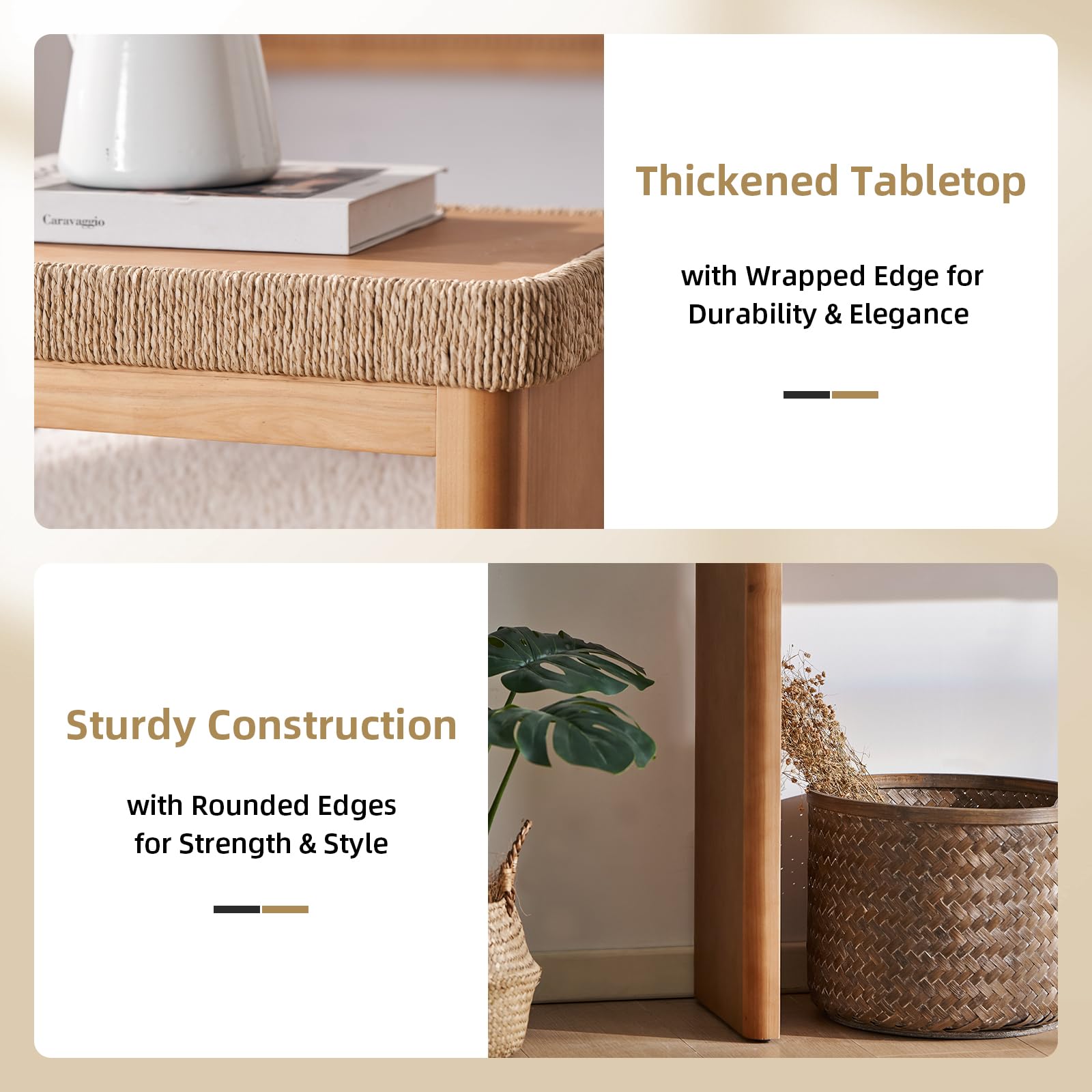 43" Farmhouse Console Table with Rattan Decor - Natural Wood Entryway Table