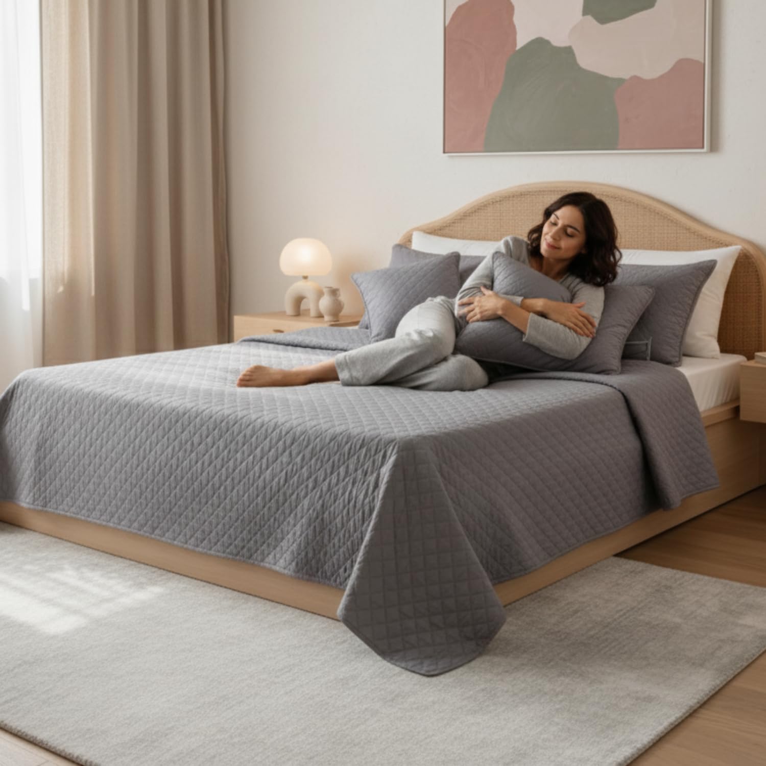 5-Piece Grey Quilted Bedspread Set - Queen Size Diamond Stitch Coverlet