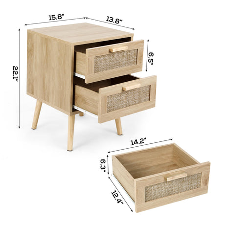 TUSY 2PCS Rattan Nightstand, End Table with 2 Drawers and Solid Wood Legs, Side Table with Storage for Bedroom, Easy Assembly Night Stand for Kids Room