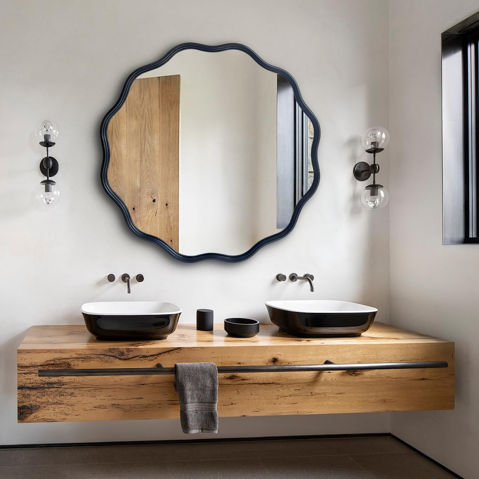 Black Round Mirror, 30" Bathroom Wavy Mirror, Wall Mounted Mirror