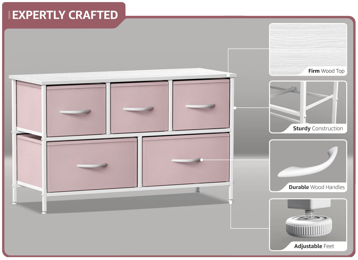 Kids Dresser with 5 Drawers - Storage Chest Organizer Unit with Steel Frame, Wood Top,