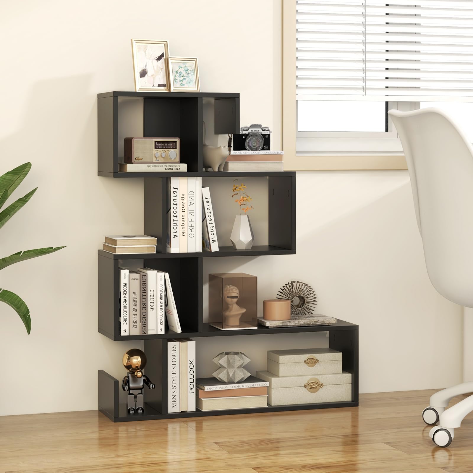 Shaped Bookshelf, 5-Tier Modern Geometric Stepped Bookcase with Anti-Tipping Kits, Freestanding Corner Ladder Display Rack for Living Room Home Office (1, Black)