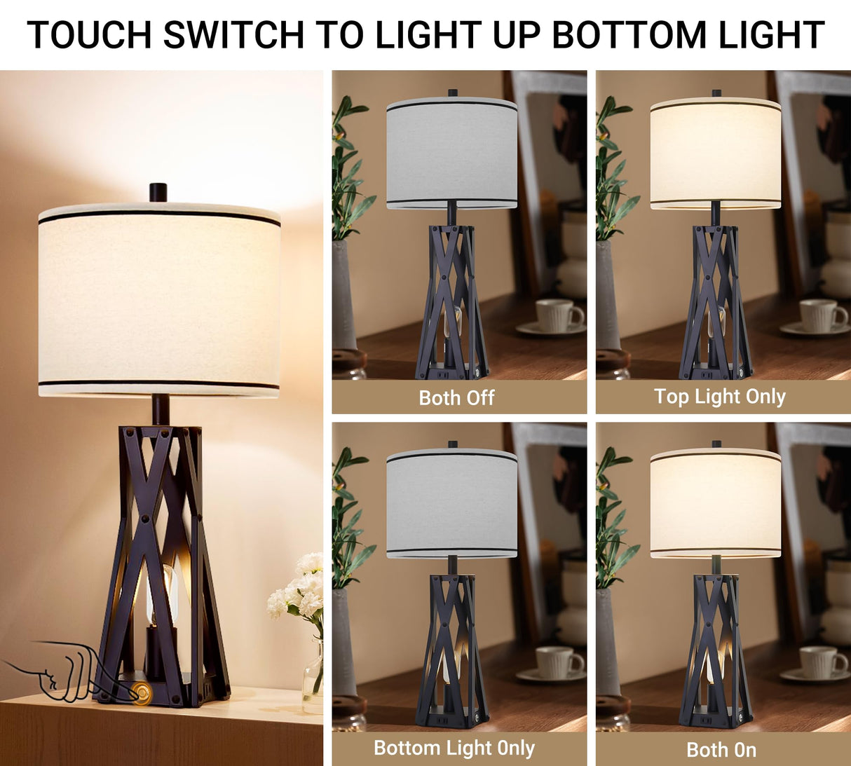 27.5" Touch Control Farmhouse Table Lamps Set of 2 with USB C+A & AC Outlet,