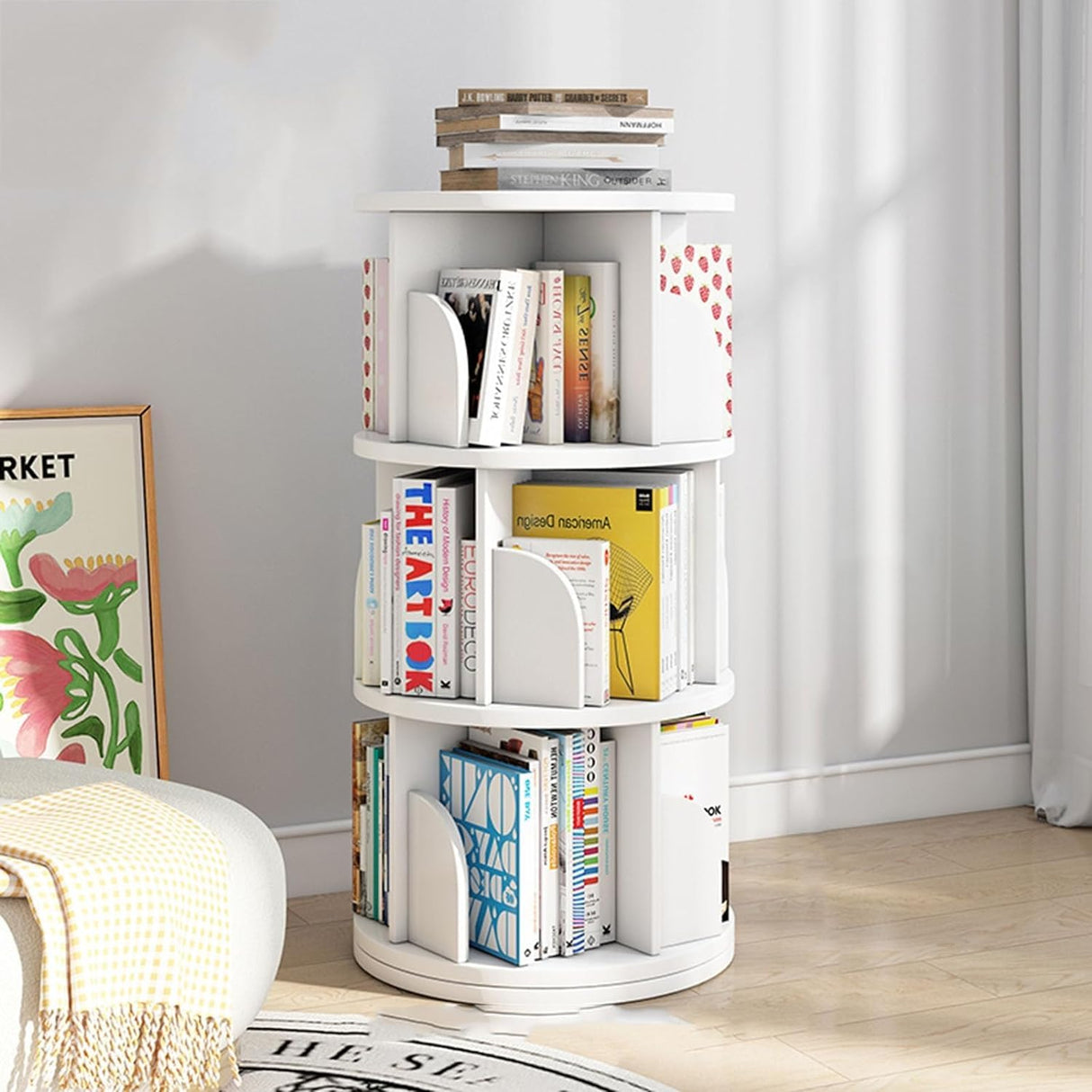 Bookshelf Multi-Layer Bookshelves Wooden Standing Bookcase 3-Tier 360° Rotating Books