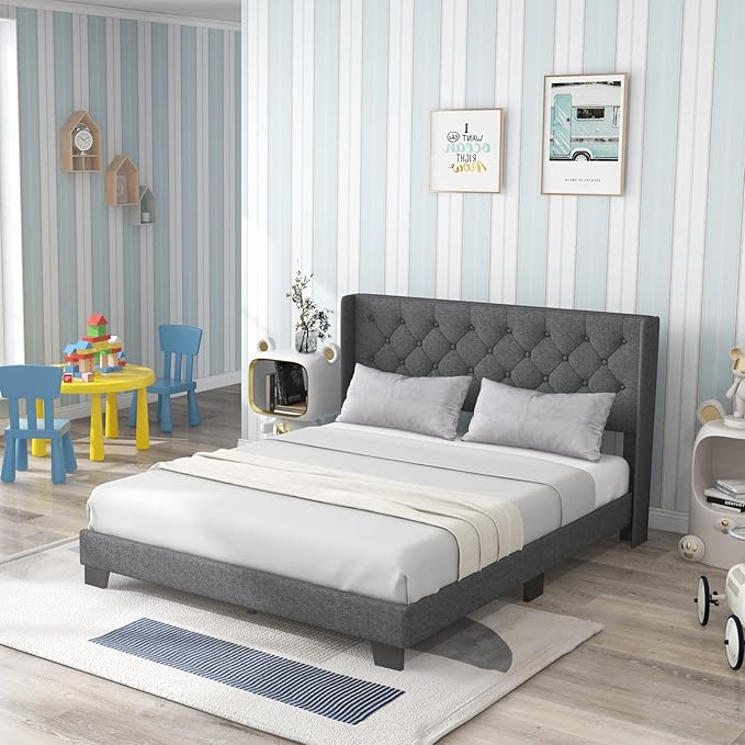 Full Bed Frame with Button Tufted Headboard, Modern Fabric Upholstered Platform Bed