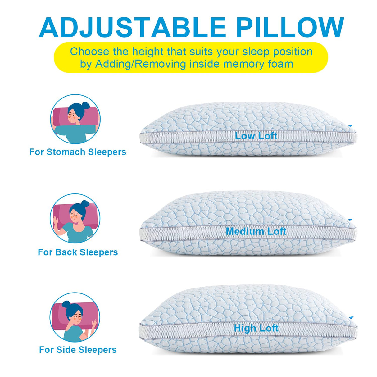 Luxury Cooling Memory Foam Pillows 2 Pack, Bed Pillows Queen Size Set of 2