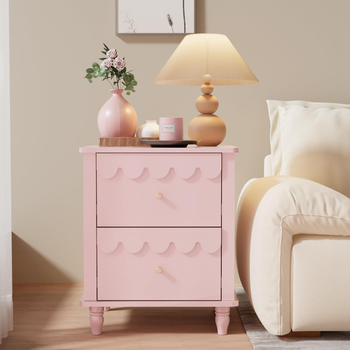 Pink Nightstand Side End Table with 2 Drawers, Modern Night Stand with Petal Pattern for Bedroom, Scalloped Bedside Night Tables with Solid Wood Legs