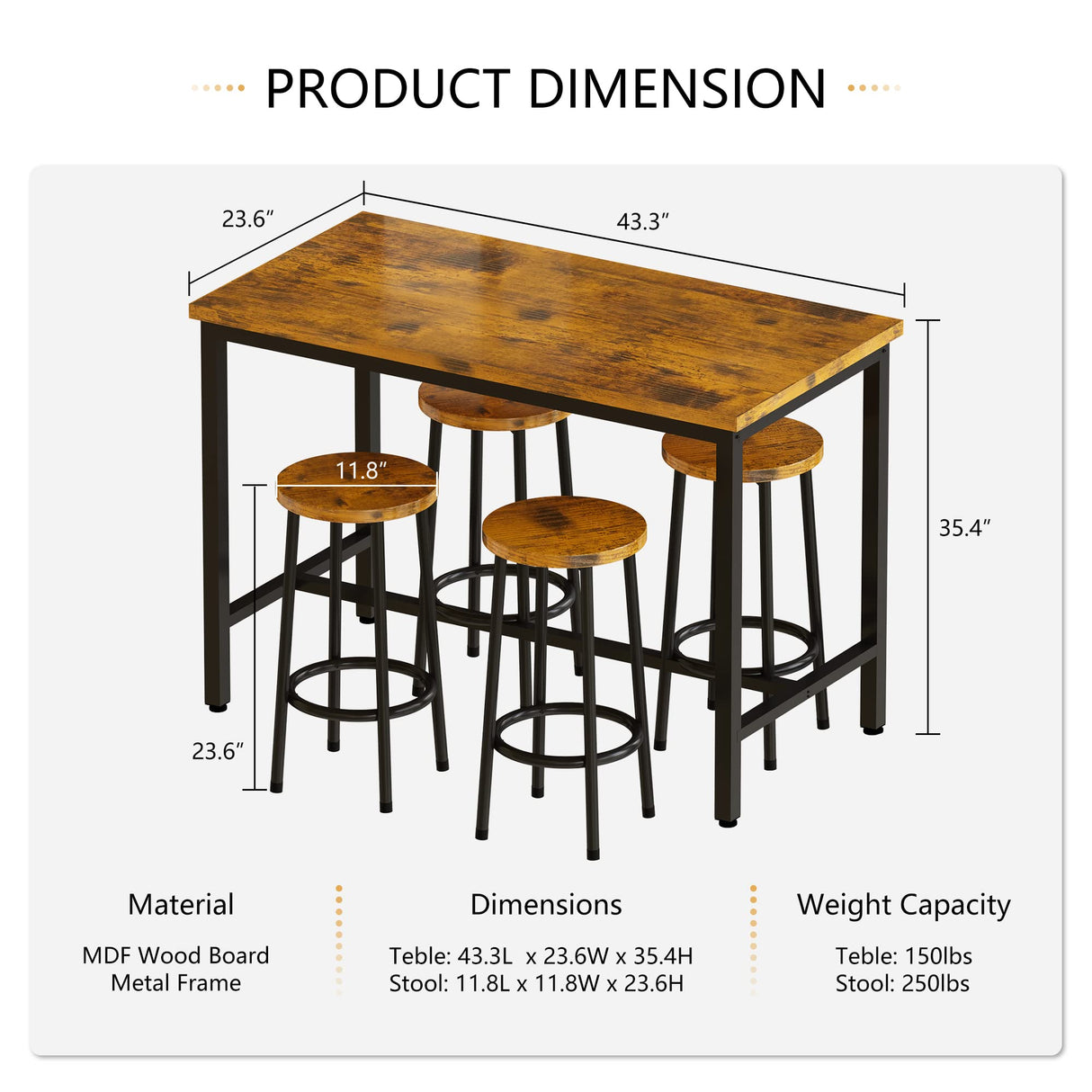 Bar Height Table and Chairs Bar Table with 4 Stools Industrial Counter Height Dining