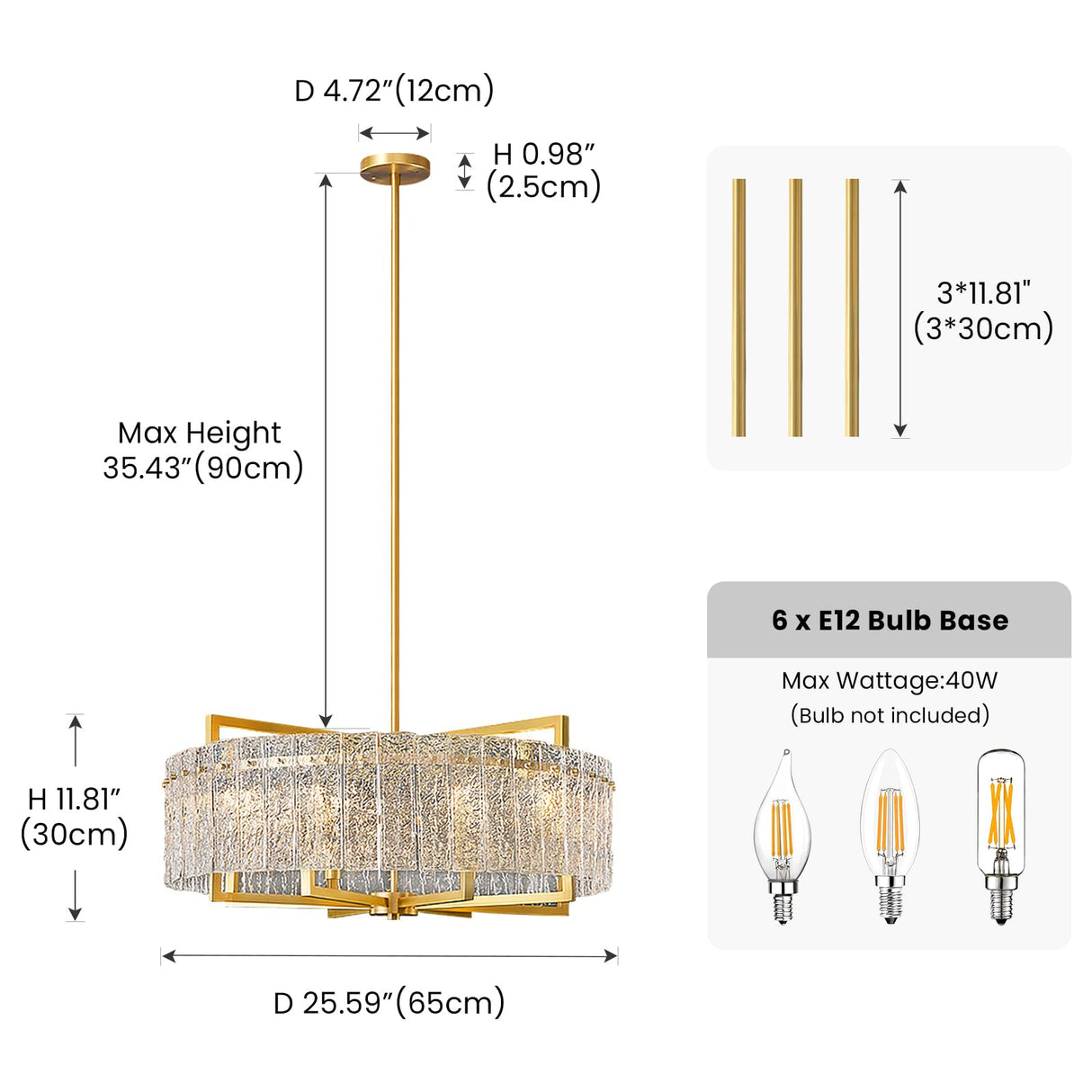 6-Light Modern Round Chandelier, Luxury Gold Drum Chandeliers, Water Ripple Glass