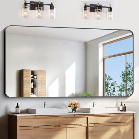 Large Bathroom Mirror 72x36 Inches, Black Oversized Wall Mirror for 2 Sinks Aluminum