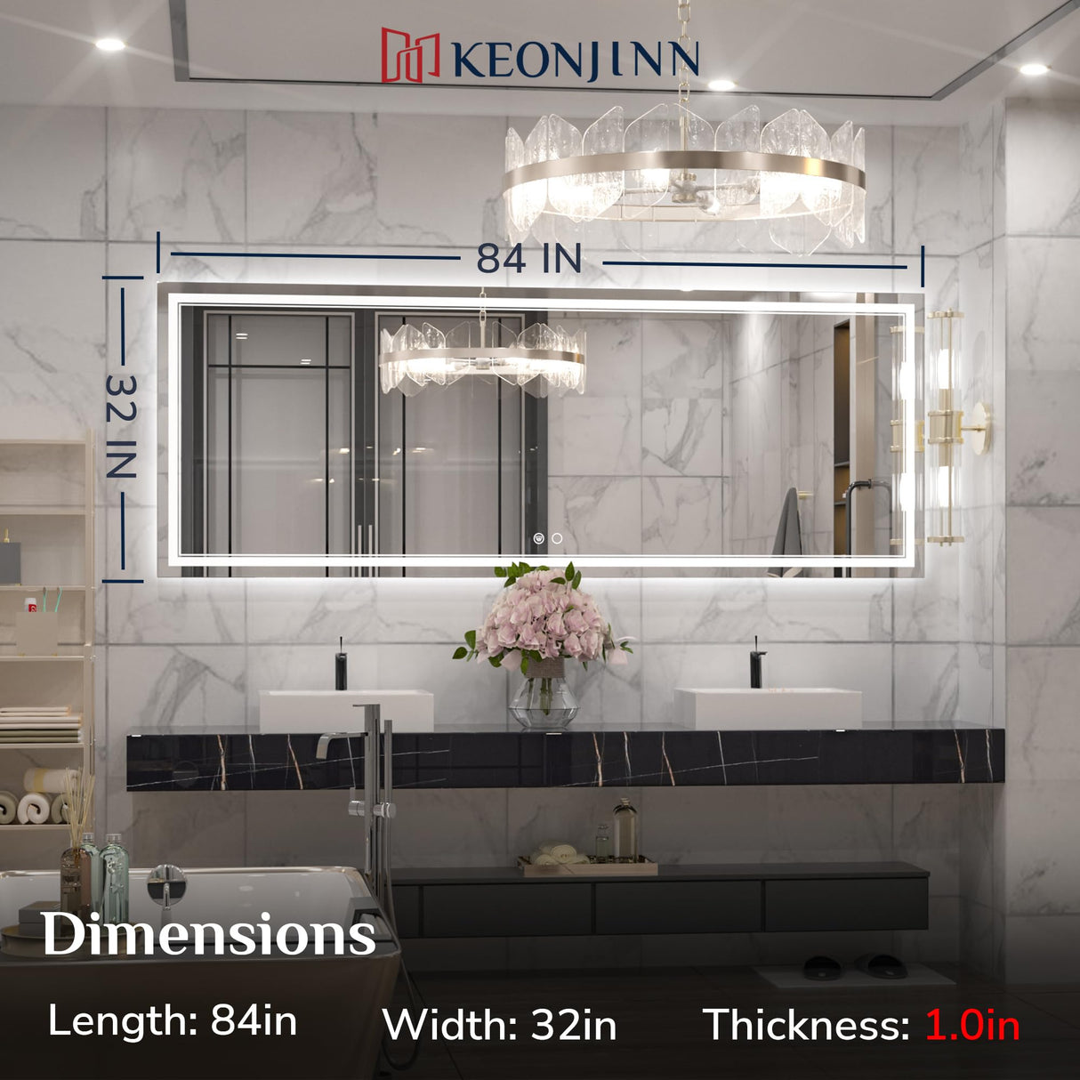 Keonjinn 84 x 32 Inch LED Bathroom Mirror with Lights 3 Color Temperature Frontlit Oversized Vanity Mirror Wall Mounted Anti-Fog, UL Listed LED Driver, Tempered Glass Dimmable Lighted Bathroom Mirror