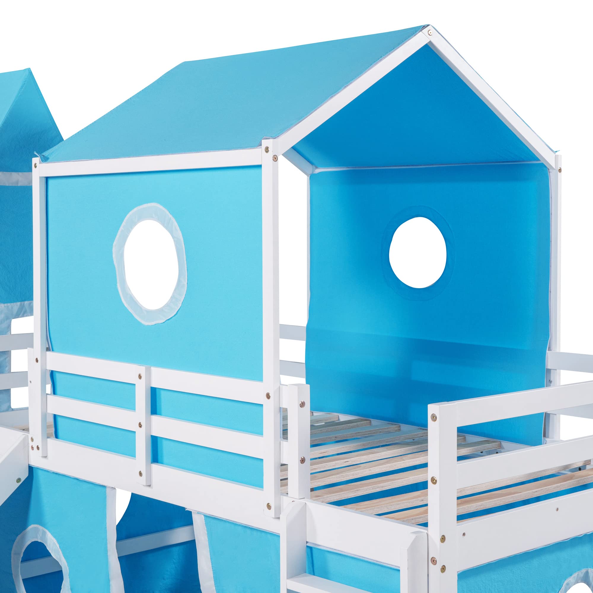 Twin Size Low Loft Bed with Slide & Curtains and Tower, Solid Wood Loft Bed Frame with Tent, Twin Over
