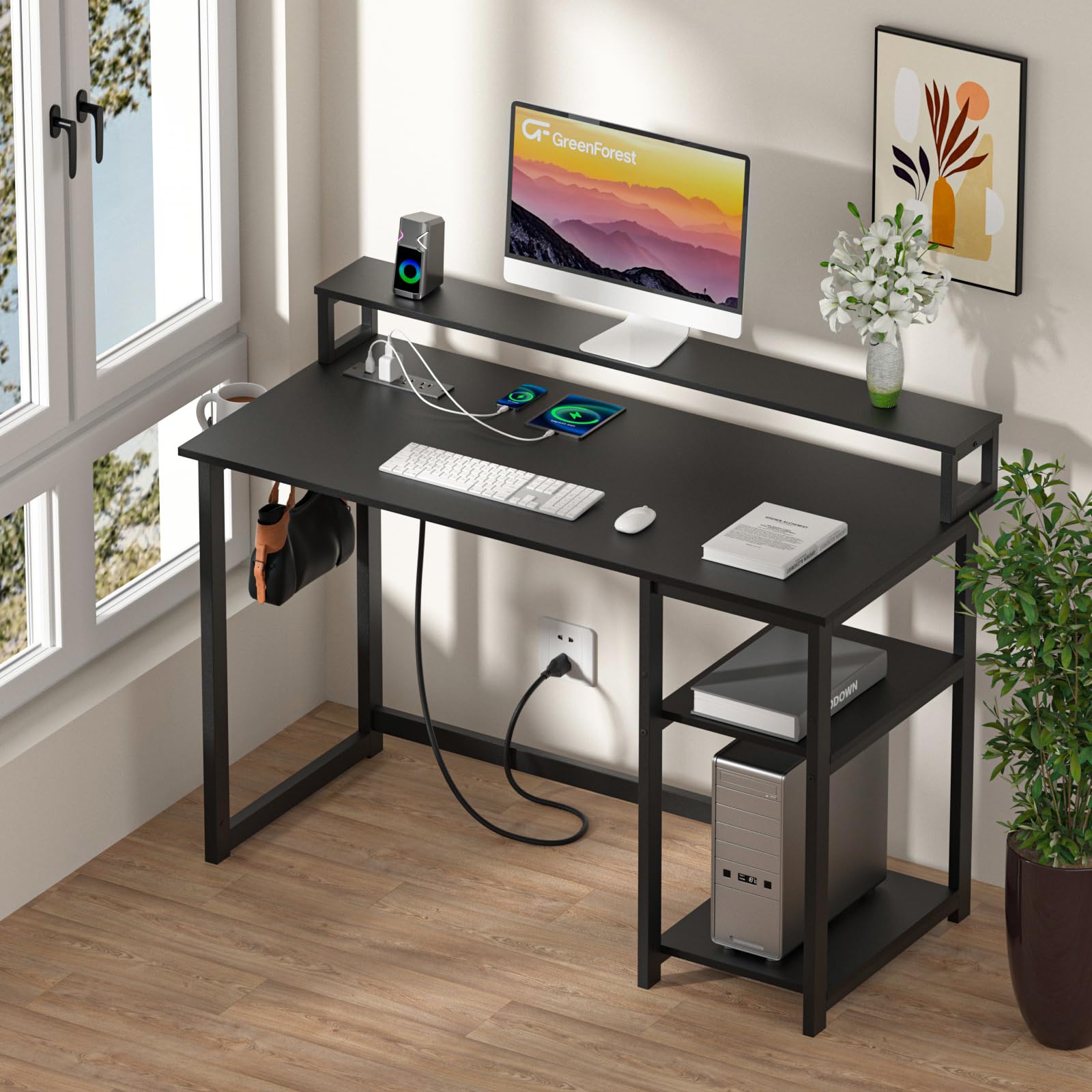 40 inch Computer Desk with Power Outlets, Small Home Office Desk with ...