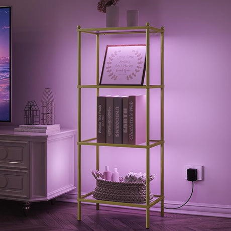 Bookcase Bookshelf with LED Lighting, Tempered Glass Bookshelves