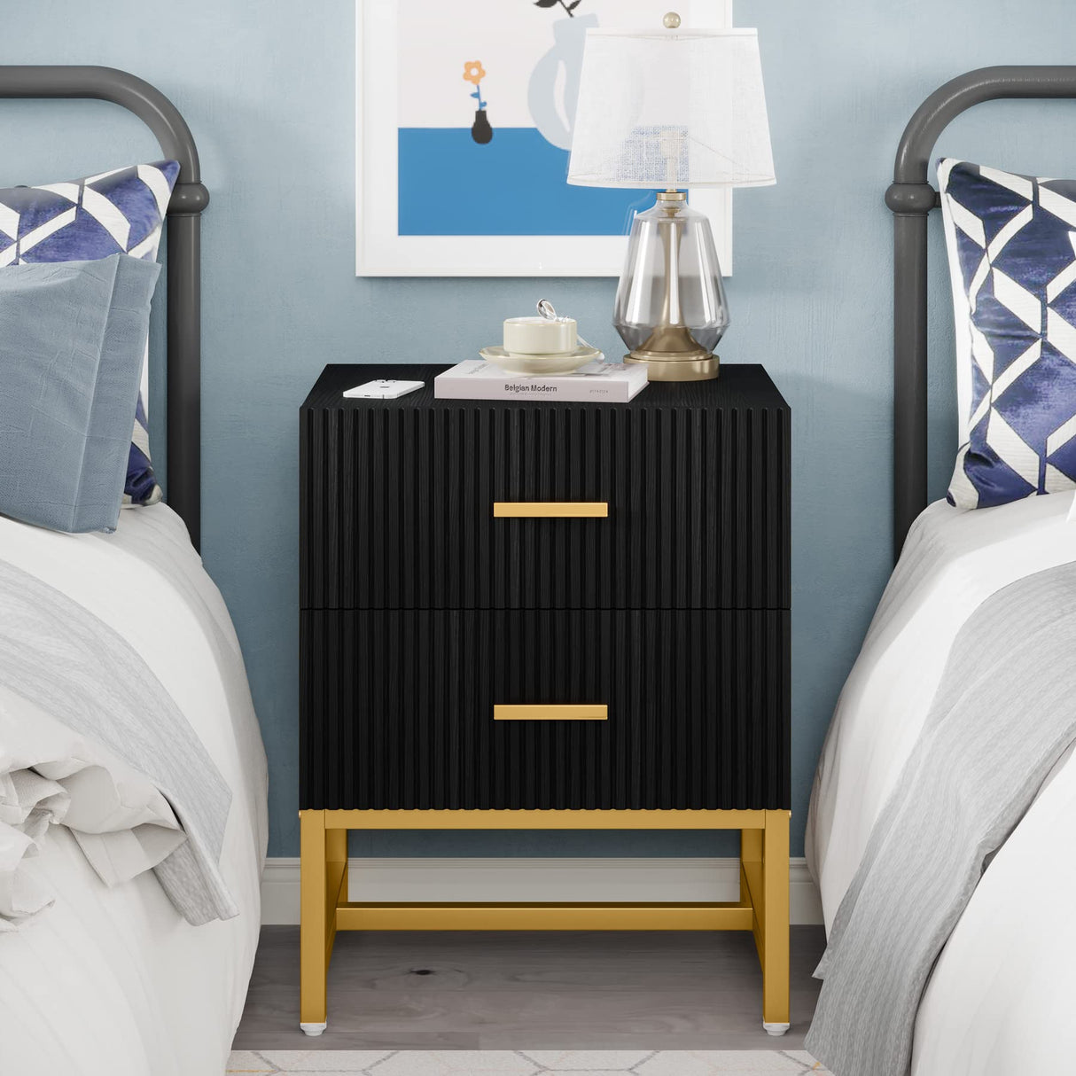 Modern Nightstand with 2 Big Striped Drawers, Tall Bed Side Table Wood Metal End Table