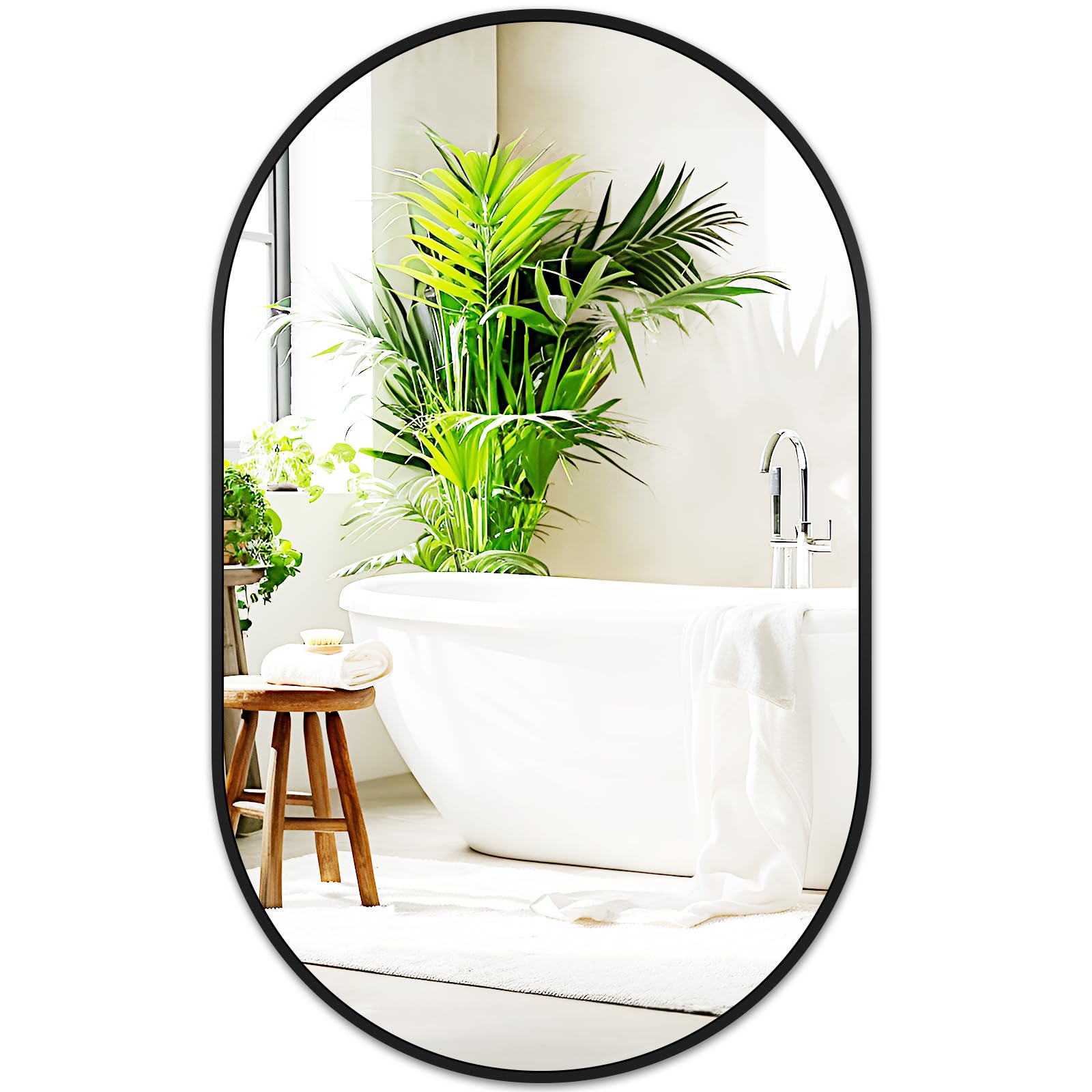Black Oval Bathroom Mirror for Wall  Matte Metal Framed Mirror