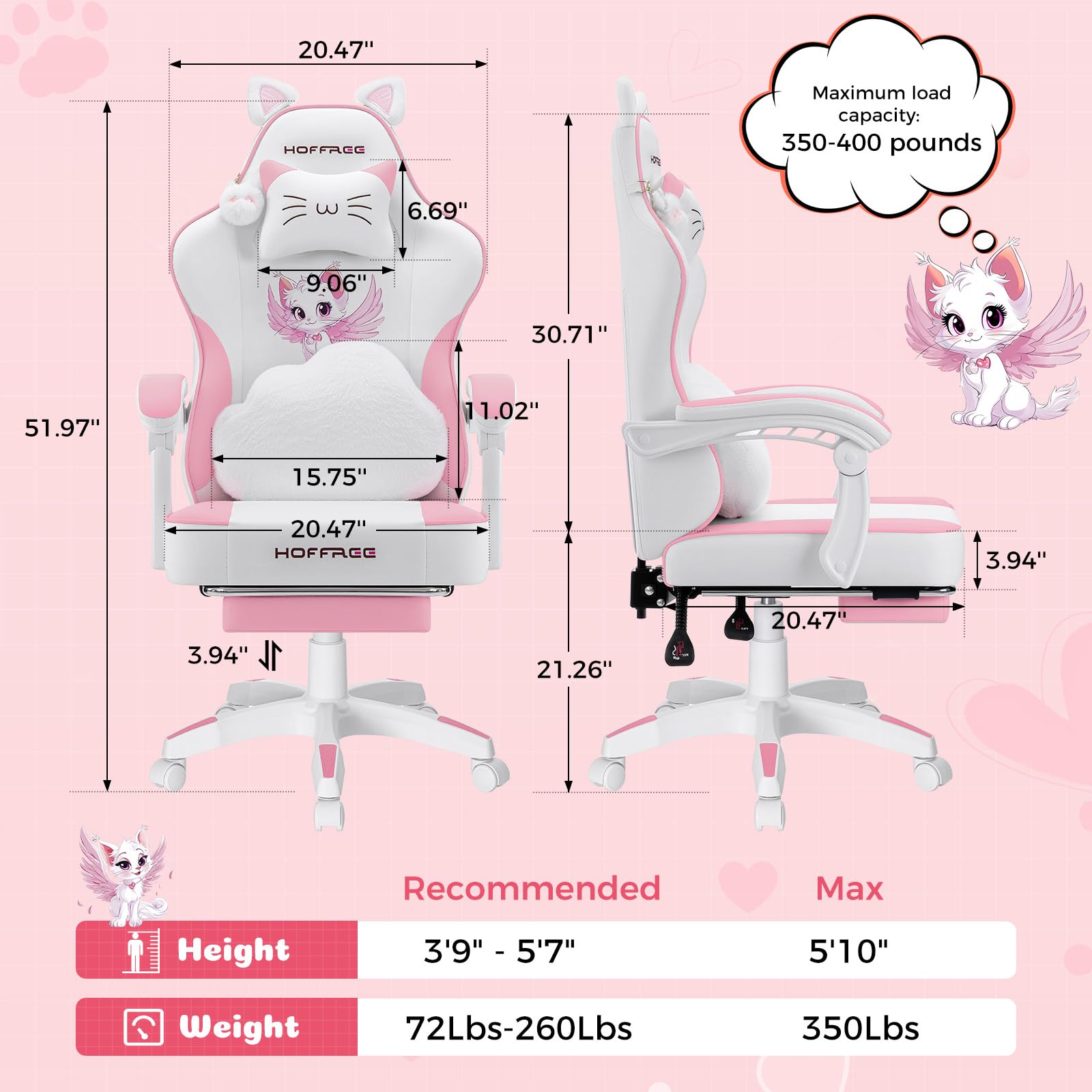 Pink Gaming Chair with Cat Ears and Footrest