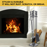 5 Pieces Fireplace Tools Set, Wrought Iron with Silver Pattern Fireplace Accessories Set