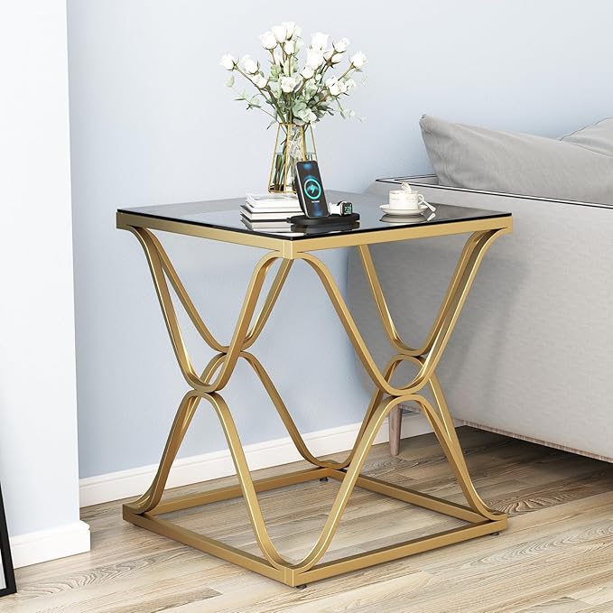 Glass End Table for Living Room, Silver Side Table with Tempered Glass Top