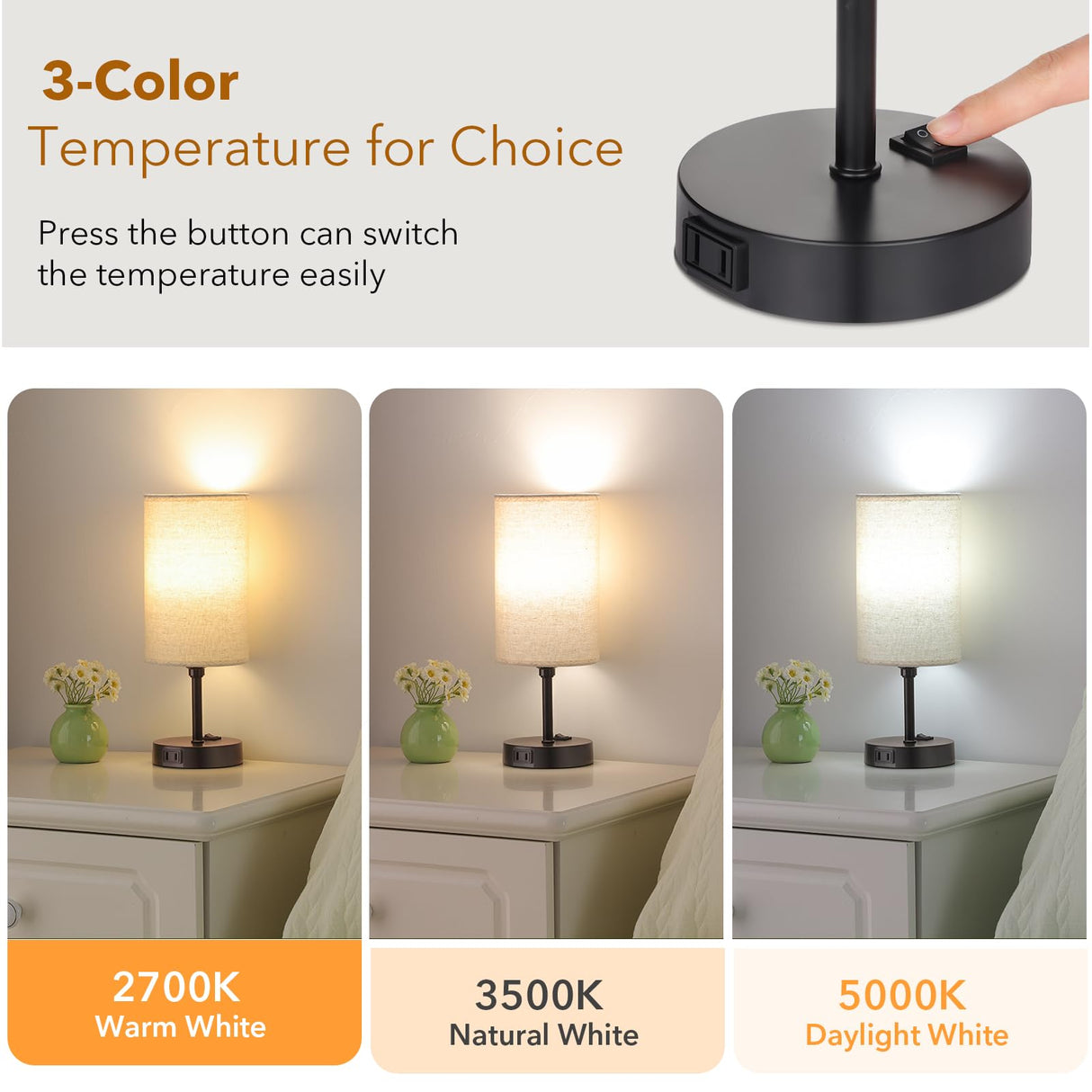 Bedside Table Lamp,3-Way Dimmable Bedside Lamps 2700K 3500K 5000K with AC Outlet