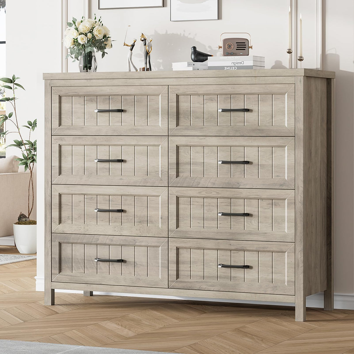 Farmhouse Dresser 8 Drawer Dresser for Bedroom, Large Wooden Dressers Double Grey Dresser with Deep Drawers Dressers for Living Room, Hallway, Entryway (Gray)