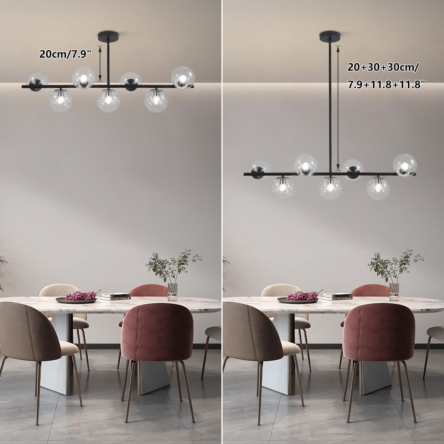 7-Light Clear Glass Globe Chandelier Black Linear Sputnik