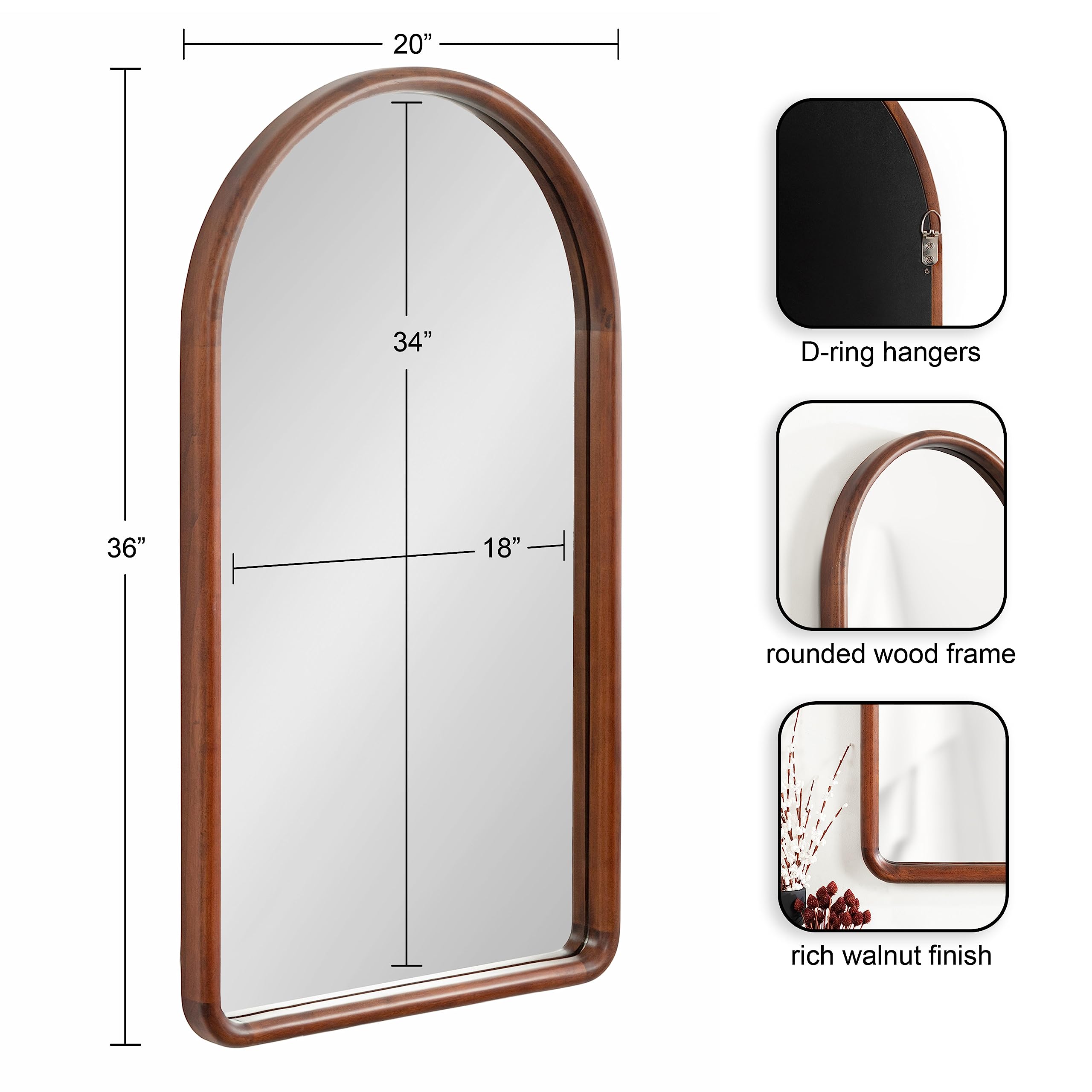 Kate and Laurel Talma Tall Arched Wall Mirror, 20 x 36, Dark Walnut, Transitional Arch Mirror with Solid Poplar Wood Frame and Rounded Frame Profile