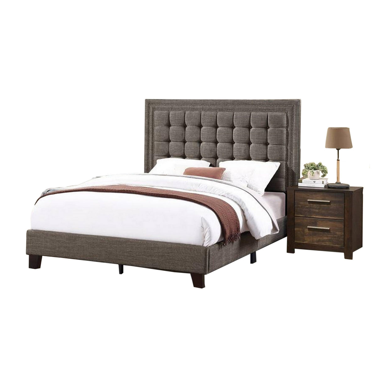 Benjara Zofi Modern Queen Size Bed, Deep Square Tufted Upholstery, Taupe Polyester, Brown