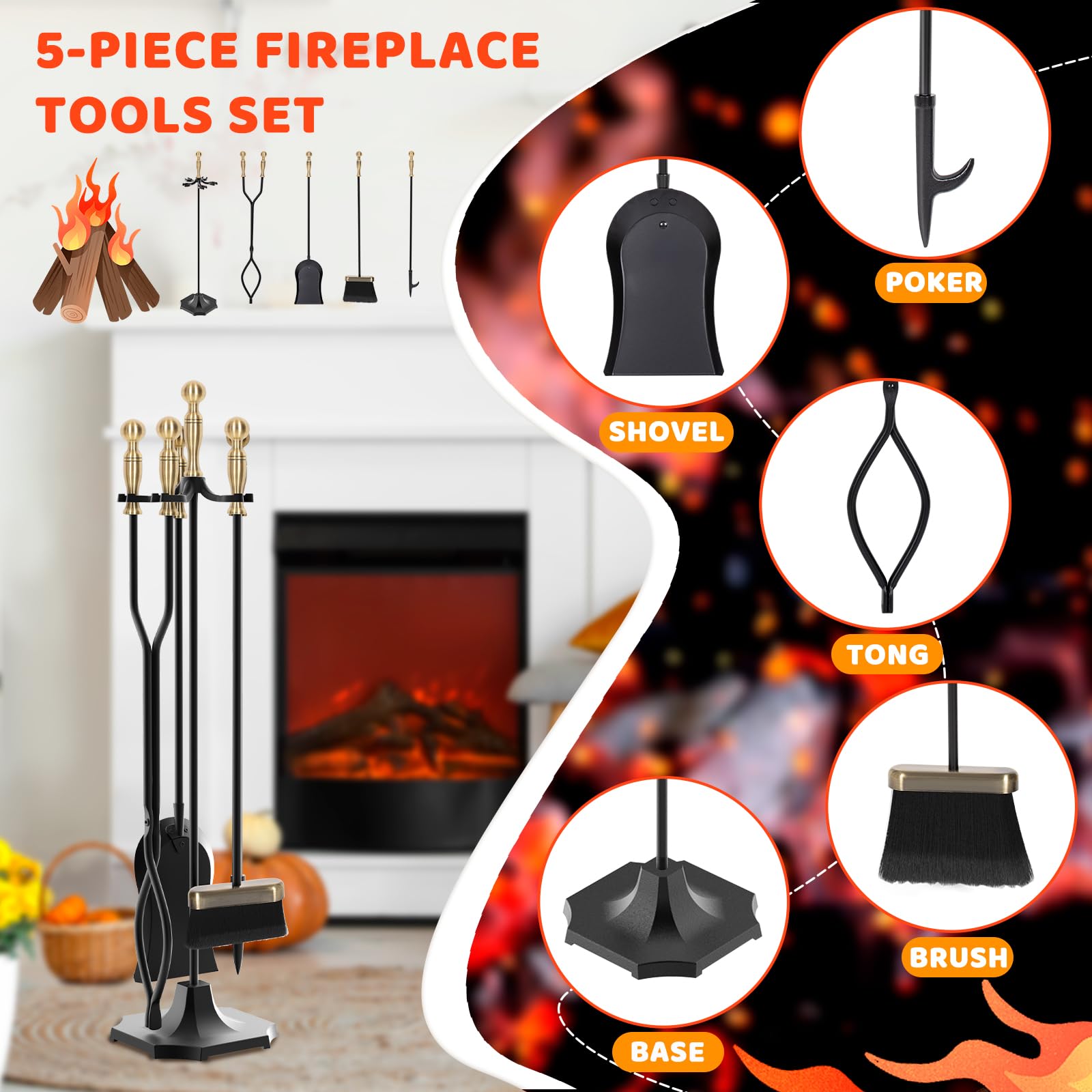 5 Pieces 31In Fireplace Tools Set, Wrought Iron Fireplace Tools with Ergonomic Handle