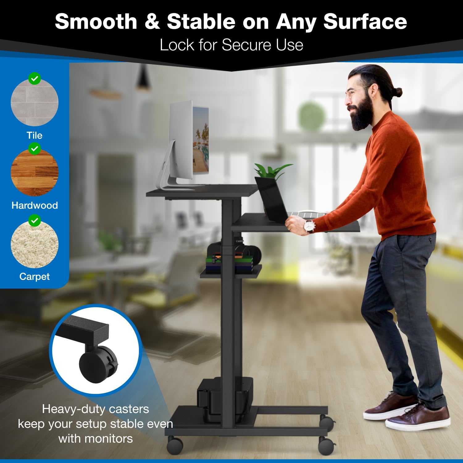 Mount-It! Mobile Desk Workstation 40 Inch Wide Large Rolling Computer Desk is Height Adjustable to 64 Inches, Sit Stand Computer Cart with Multi Level Shelves on Wheels in Black