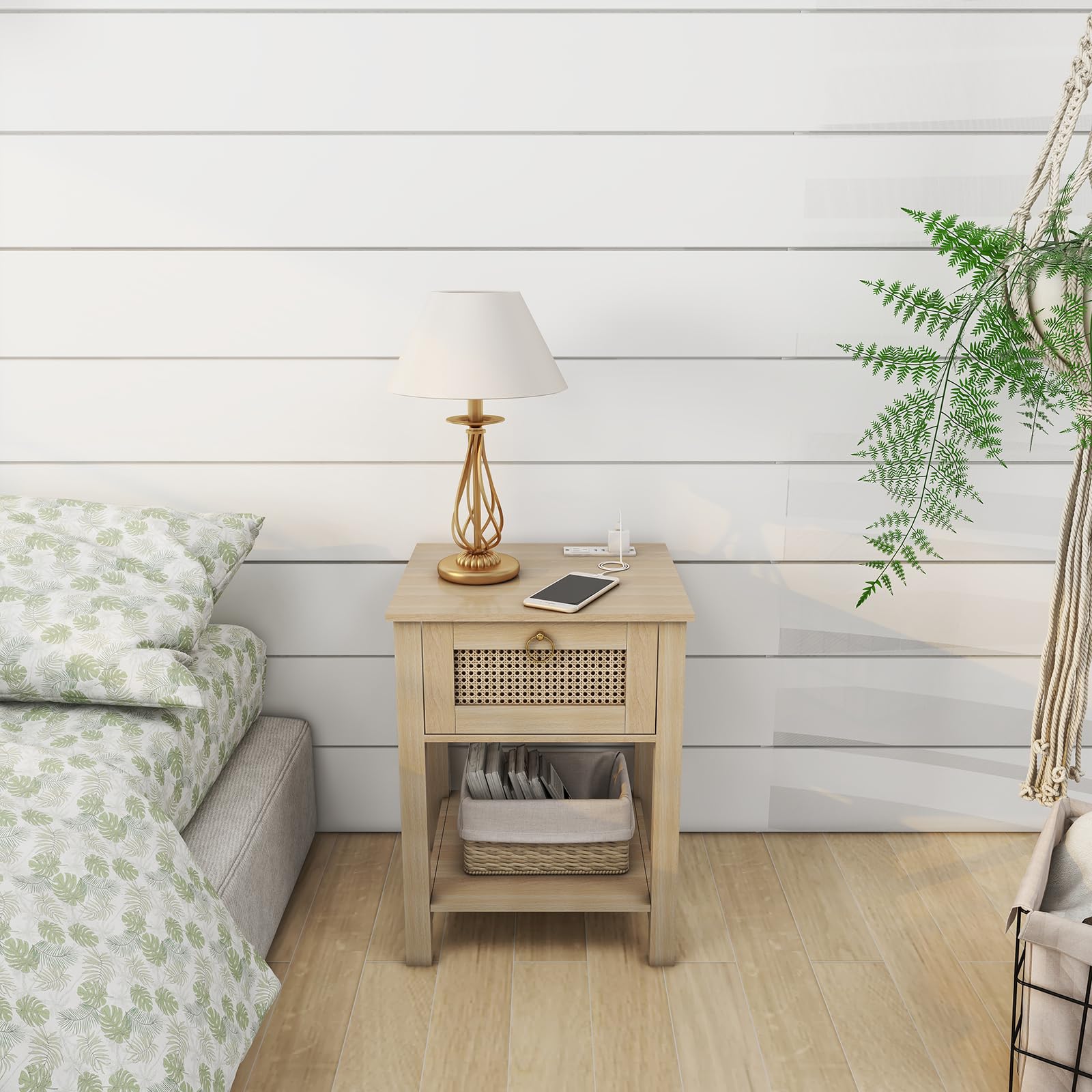 Rattan Nightstand Set of 2, Farmhouse Night Stands