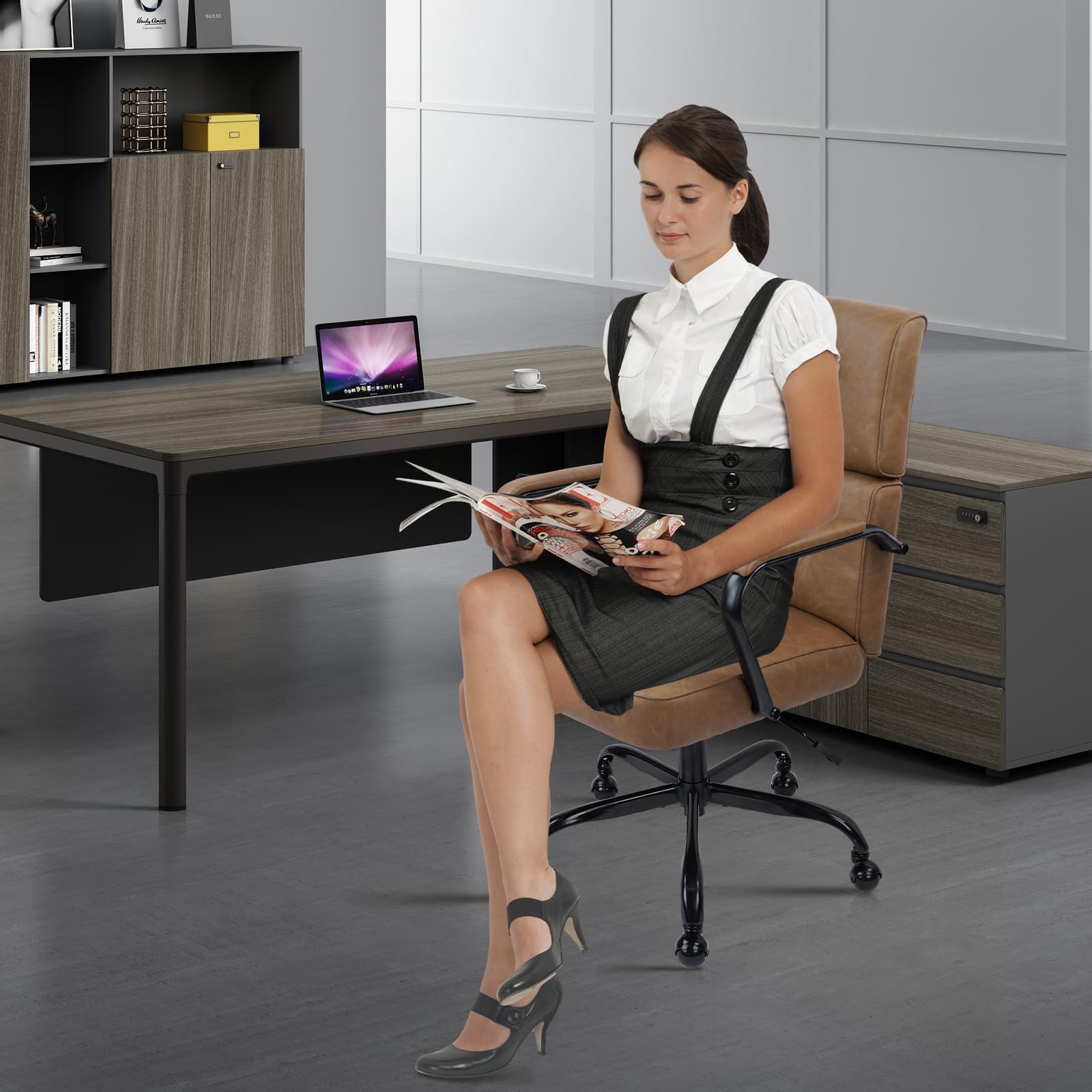 Heavy Duty Leather Office Chair - Mid Century Modern Desk Chair with Lumbar Support, 450LBS