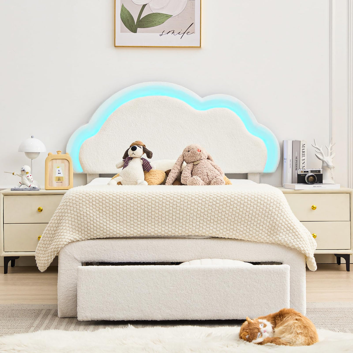 Twin Size Bed Frame with LED Lights - Boucle Upholstered Twin Cloud Bed Frames with Headboard