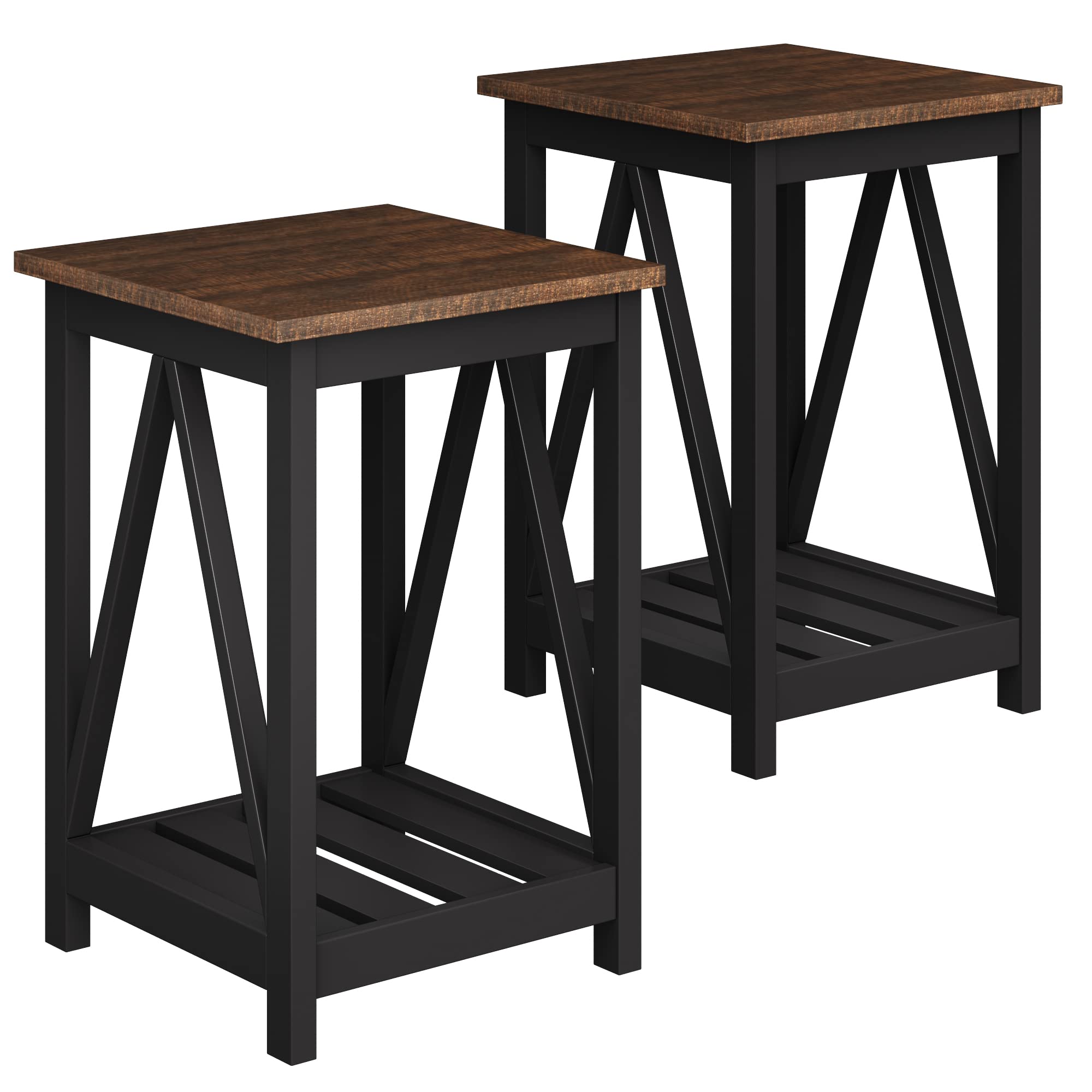 Farmhouse End Table, Rustic Vintage End Side Table with Storage Shelf for Small Spaces