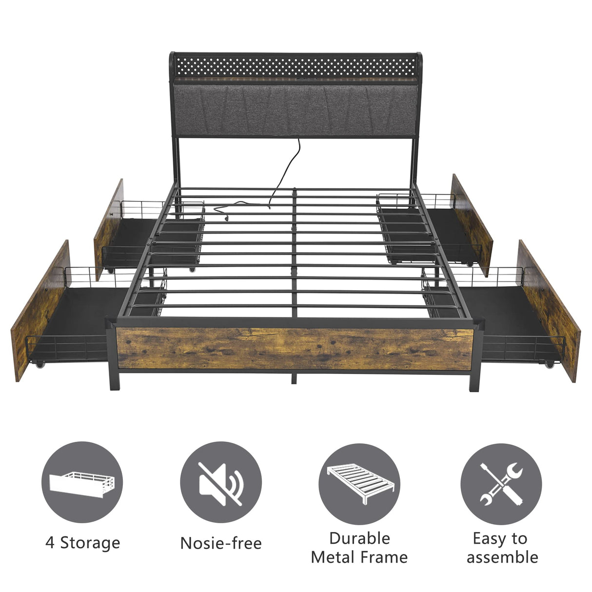 Queen Bed Frame with LED Lights and Charging Station,Upholstered Storage Headboard