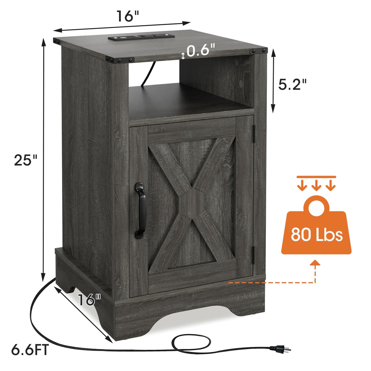 Farmhouse Nightstand Side Table with Charging Station & Storage, Dark Gray Wood