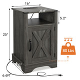Farmhouse Nightstand Side Table with Charging Station & Storage, Dark Gray Wood