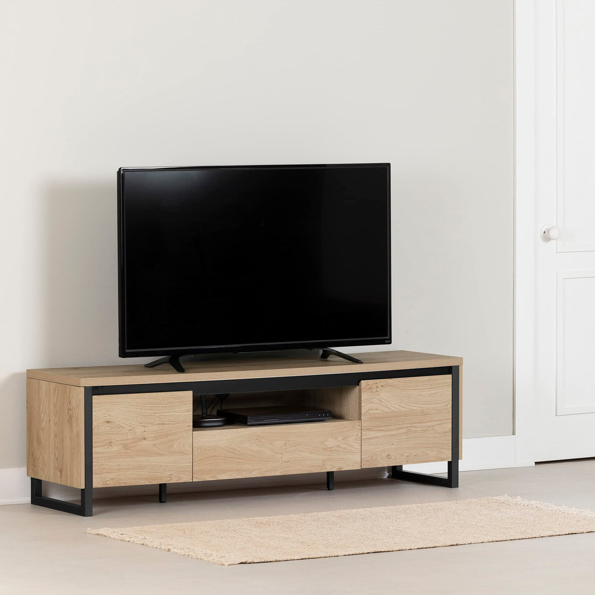 TV Stand with Doors and Drawer, 70", Natural Oak