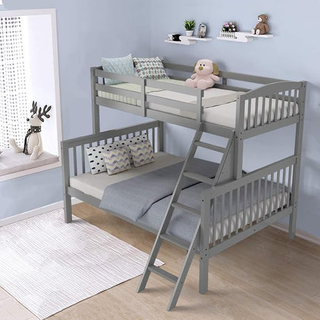 Twin Over Full Bunk Bed, Convertible Into Two Individual Solid Rubber Wood Beds, Heavy Duty Bed Frame with Ladder and Guardrail, Space Saving with Under Bed Storage, Easy Assembly (Grey)