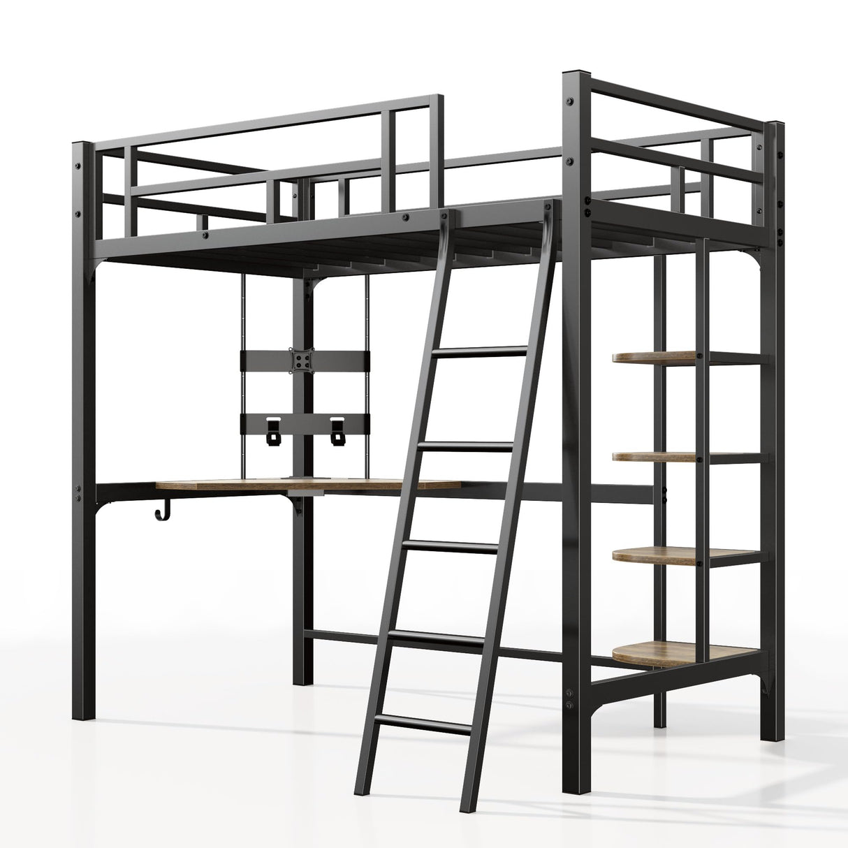 Loft Bed Twin Size, Bunk Bed with Desk, Shelves and Monitor Stand, Heavy Duty Metal Twin Loft Bed